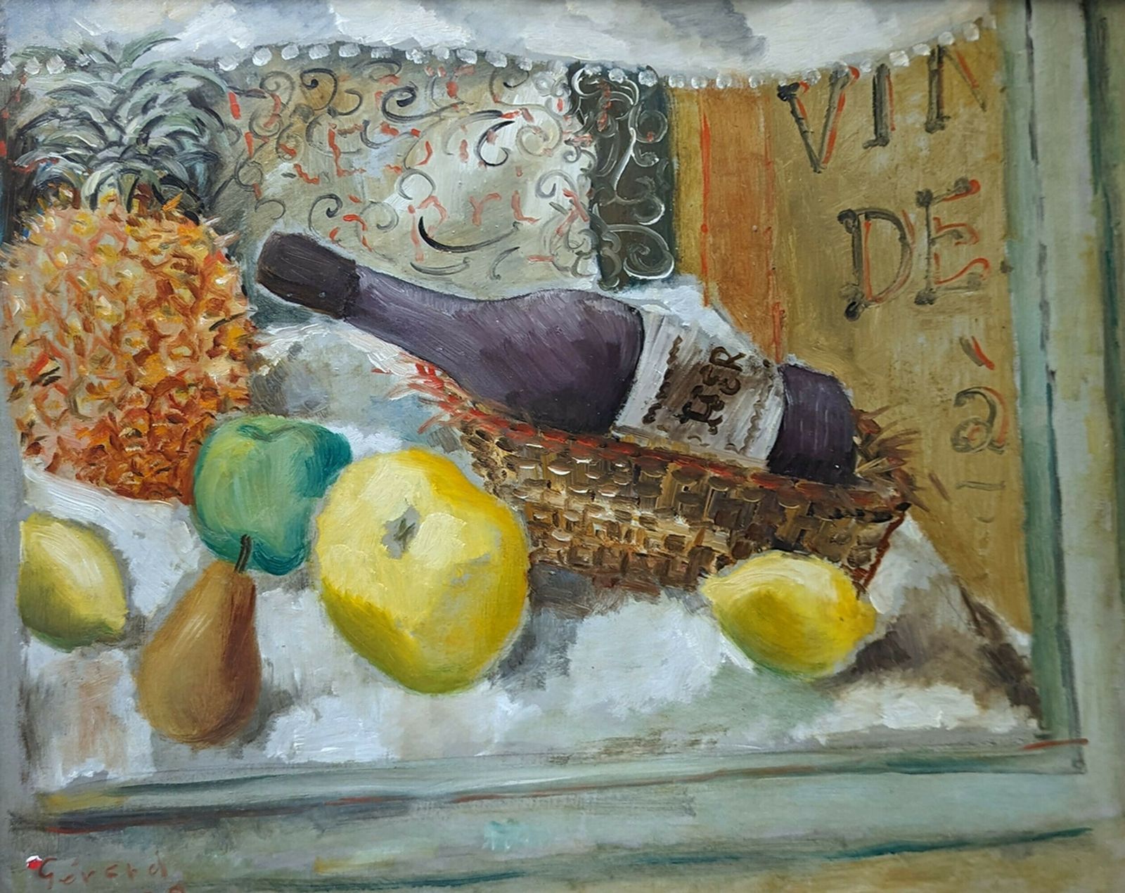 20th Century French School 'Still Life With Wine And Pineapples, 1939' photo furniture