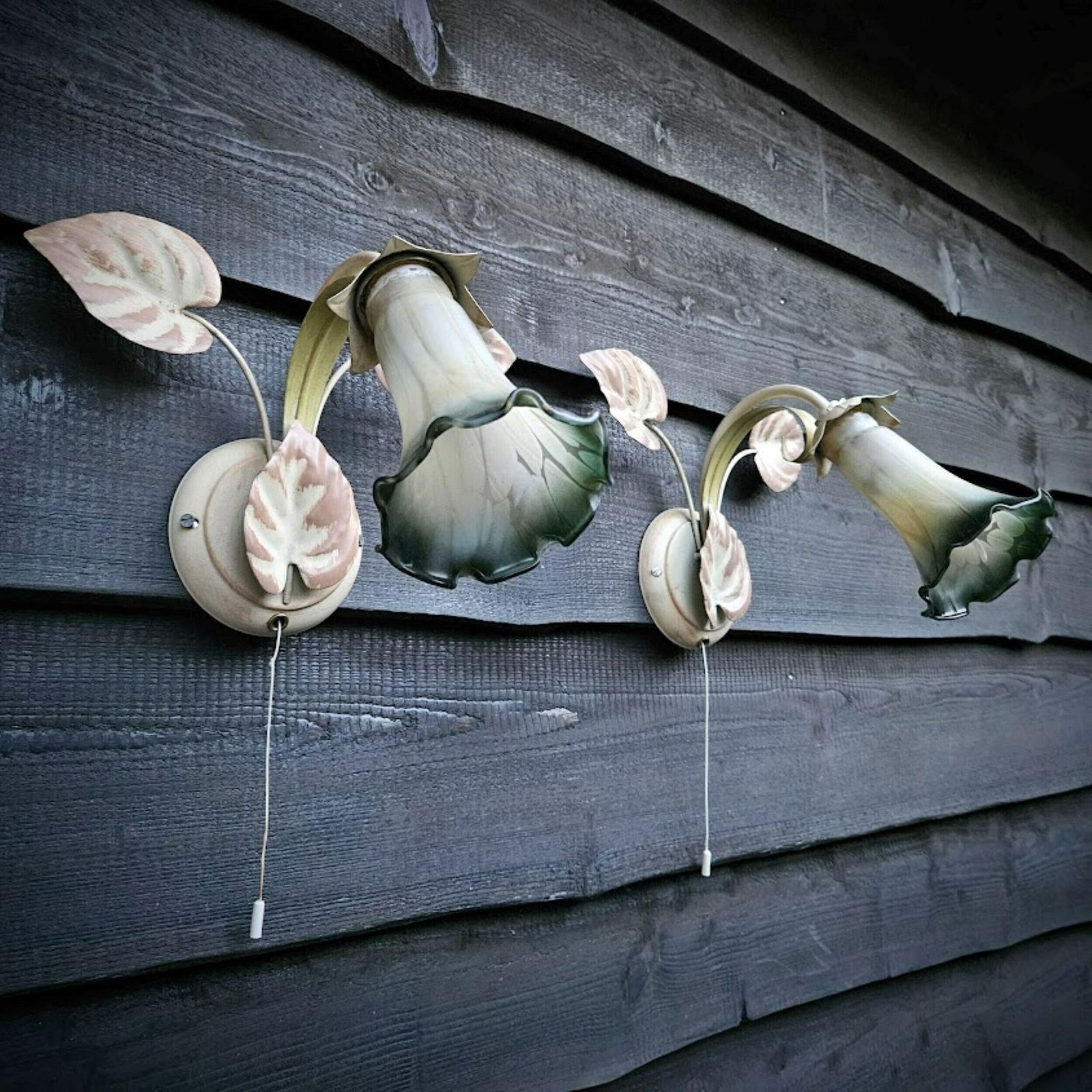 Pair Of Italian Tole Wall Sconces Light With Leaves And Lampshades Murano Glass Flowers In Shades Of Green Cream, With Switch
