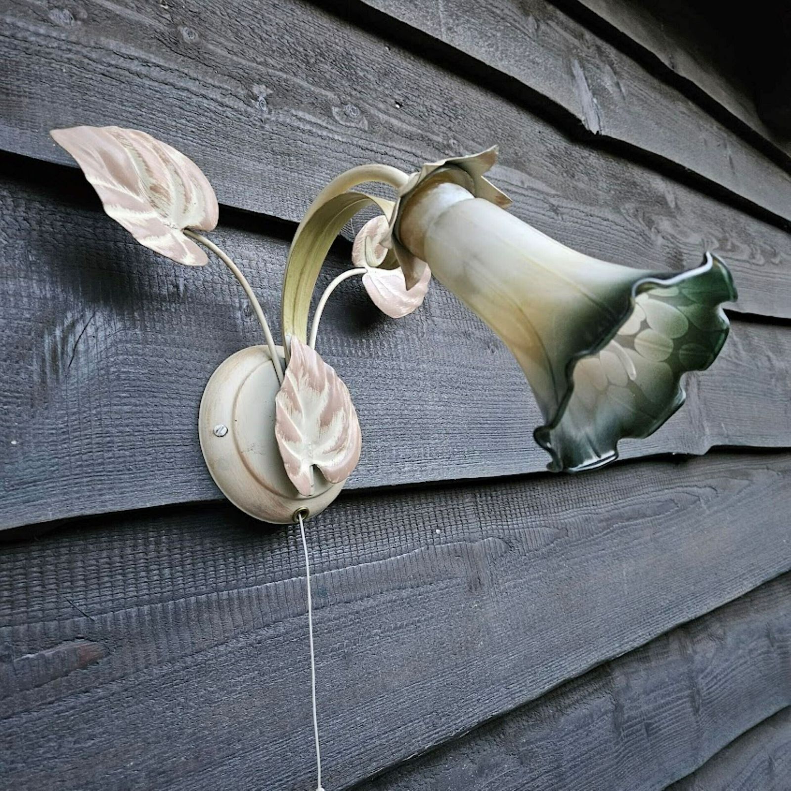 Pair Of Italian Tole Wall Sconces Light With Leaves And Lampshades Murano Glass Flowers In Shades Of Green Cream, With Switch photo furniture