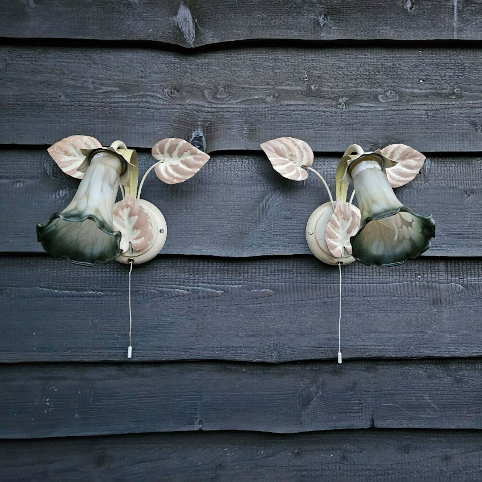 Pair Of Italian Tole Wall Sconces Light With Leaves And Lampshades Murano Glass Flowers In Shades Of Green Cream, With Switch photo vintage