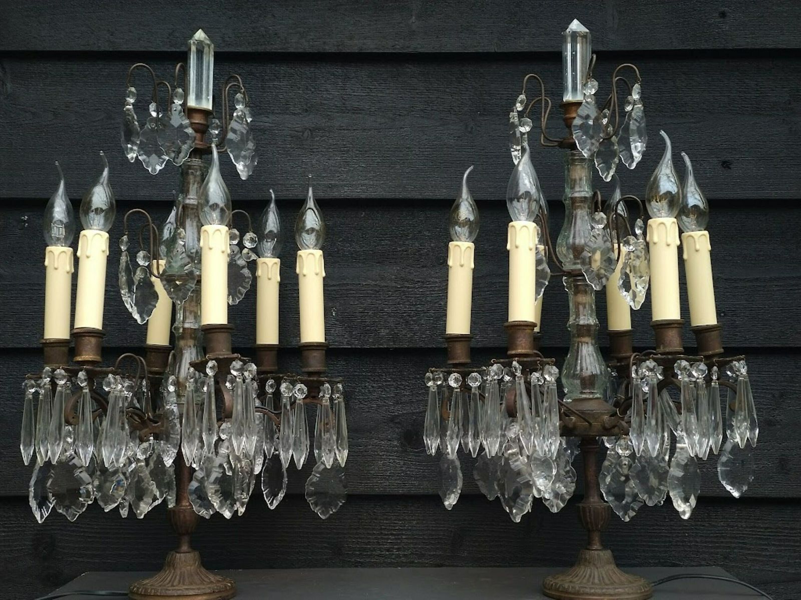Antique Pair Of Large French Girandole Electrified, Table Lamps With Crystals, 6 Bulbs, Switch And Plug photo 2416.0