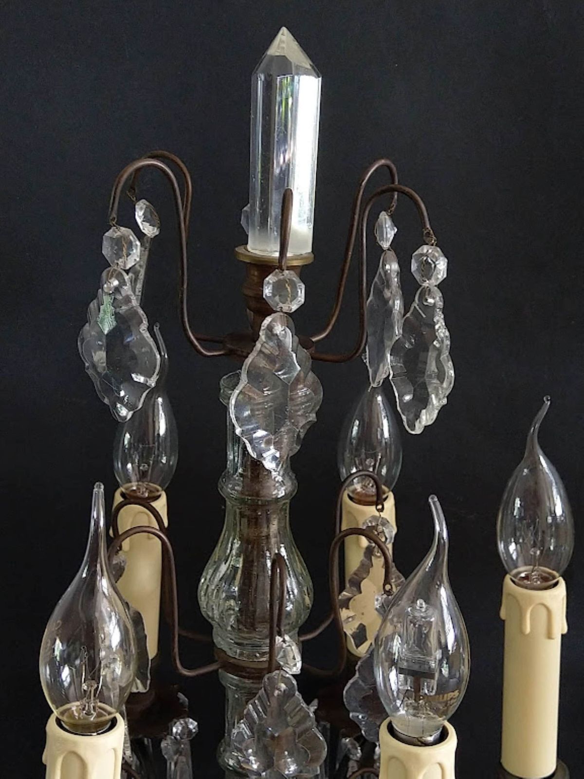 Antique Pair Of Large French Girandole Electrified, Table Lamps With Crystals, 6 Bulbs, Switch And Plug photo vinterior