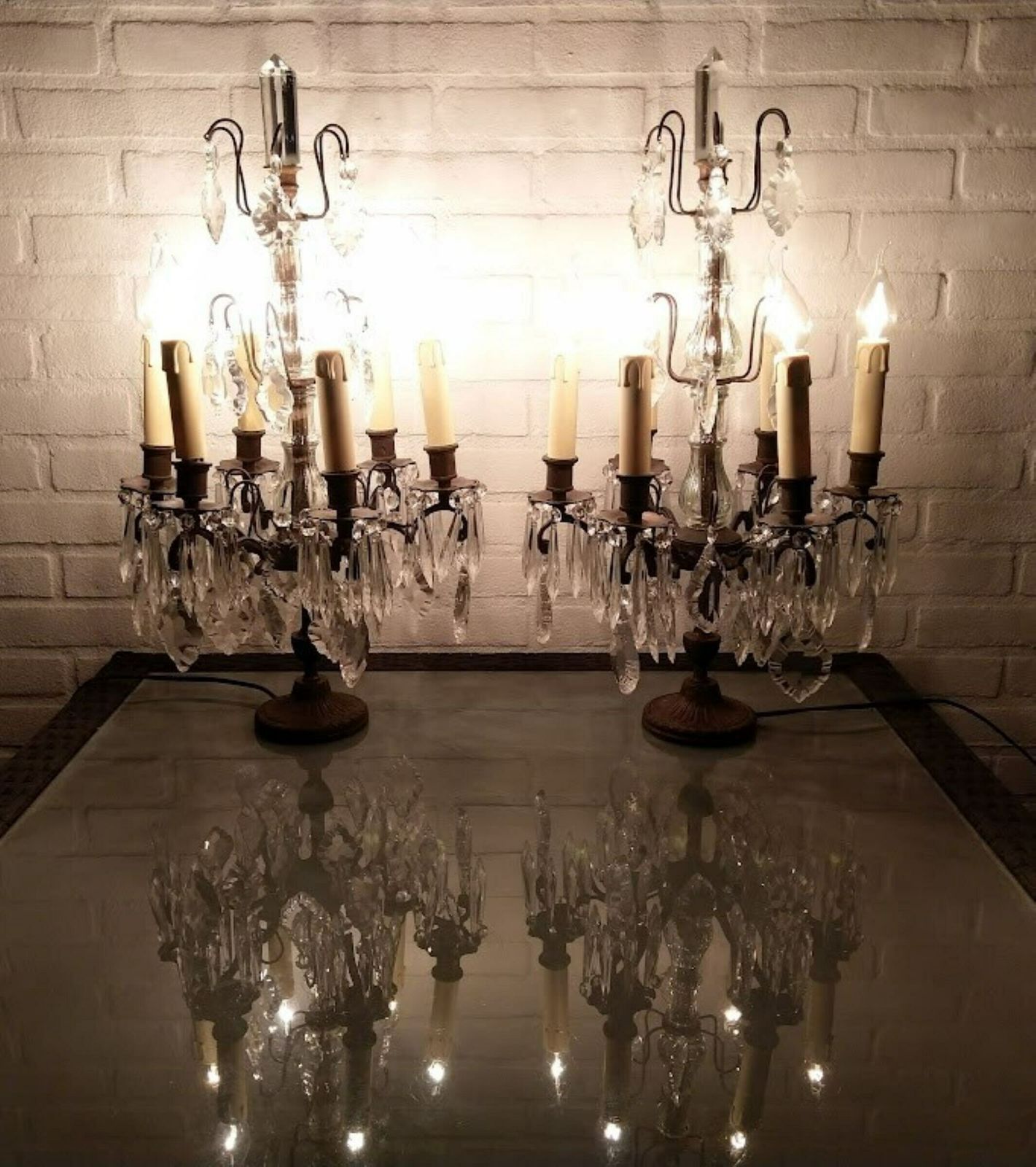 photo furniture Antique Pair Of Large French Girandole Electrified, Table Lamps With Crystals, 6 Bulbs, Switch And Plug