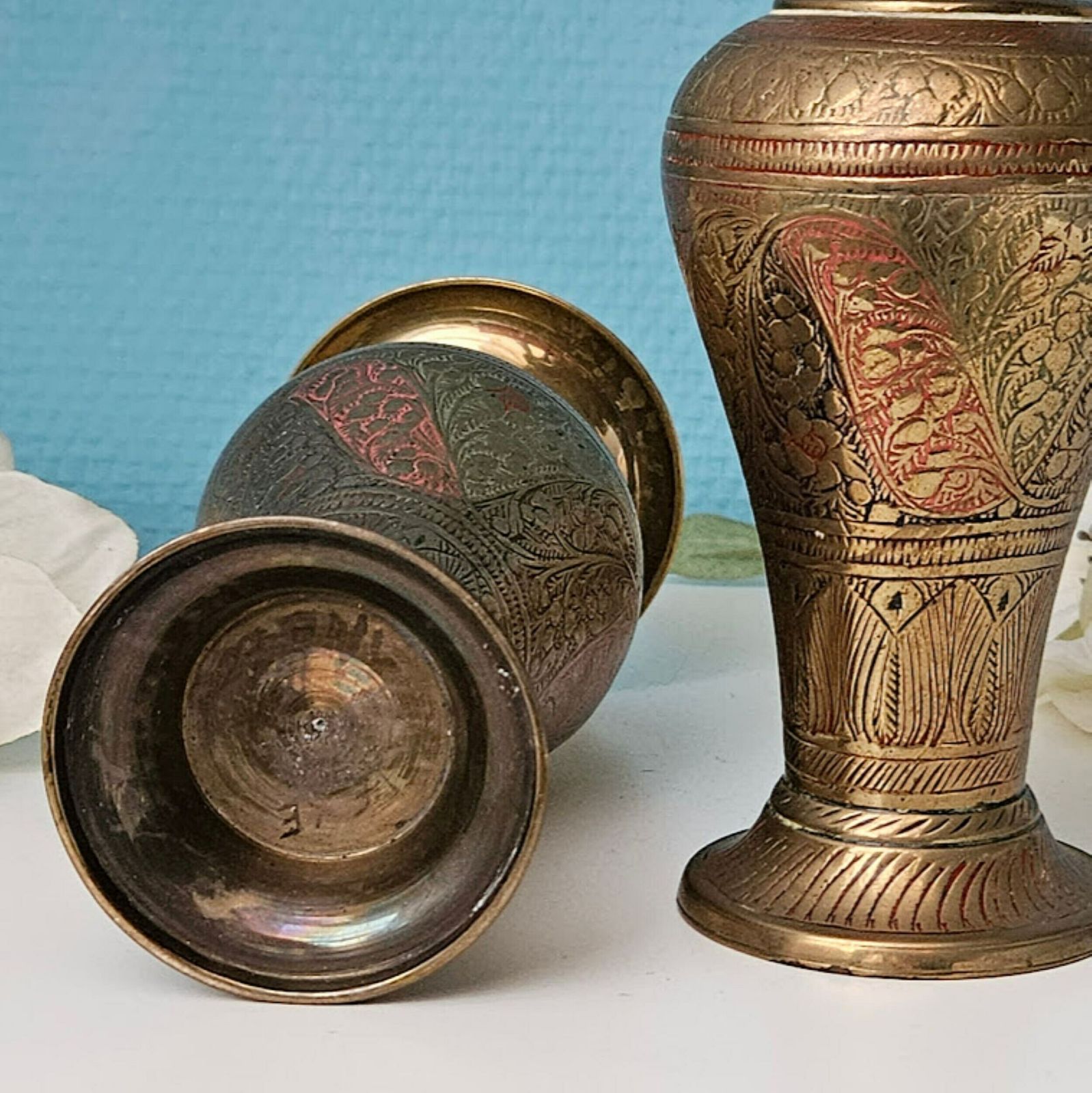 Pair Of Gold Vases Engraved Brass 7" , New Home Gift, Brass Anniversary Gift, Asian Brass Vases, Oriental India Vases photo vinterior