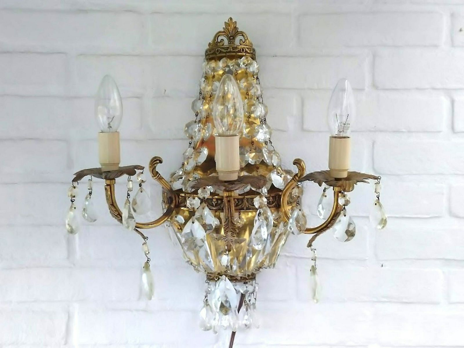 Large Crystal Wall Sconce French Empire Style Montgolfier 3 Arms, Vintage French Wall Light, Crystal And Brass Wall Lamp photo furniture