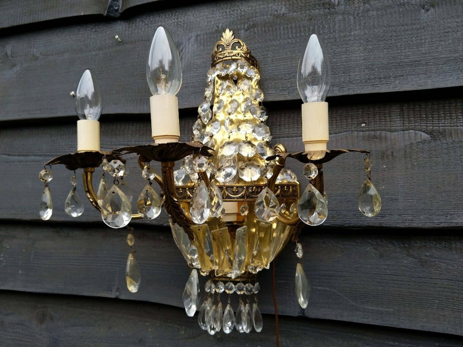 photo furniture Large Crystal Wall Sconce French Empire Style Montgolfier 3 Arms, Vintage French Wall Light, Crystal And Brass Wall Lamp