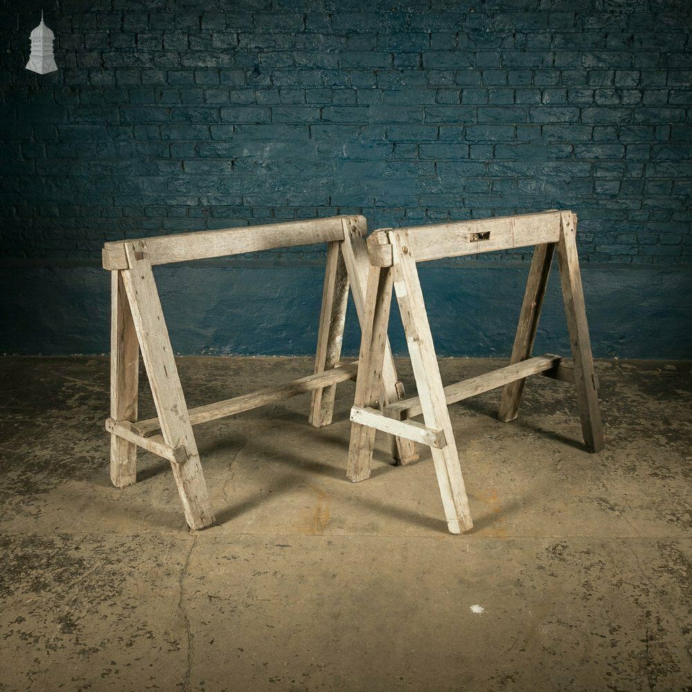 Vintage Wooden Trestles, Pair Of Rustic Workshop Trestles