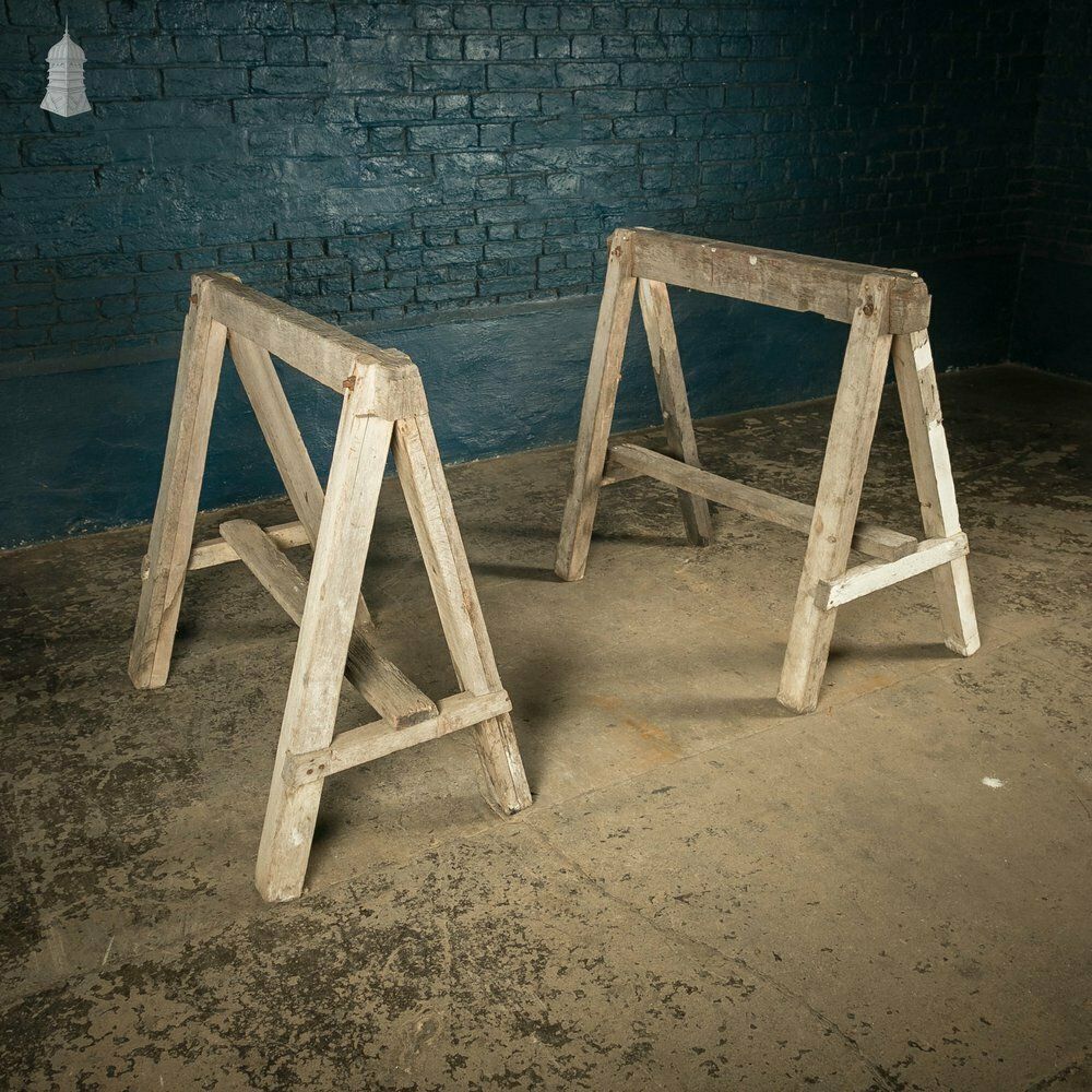 Vintage Wooden Trestles, Pair Of Rustic Workshop Trestles photo furniture