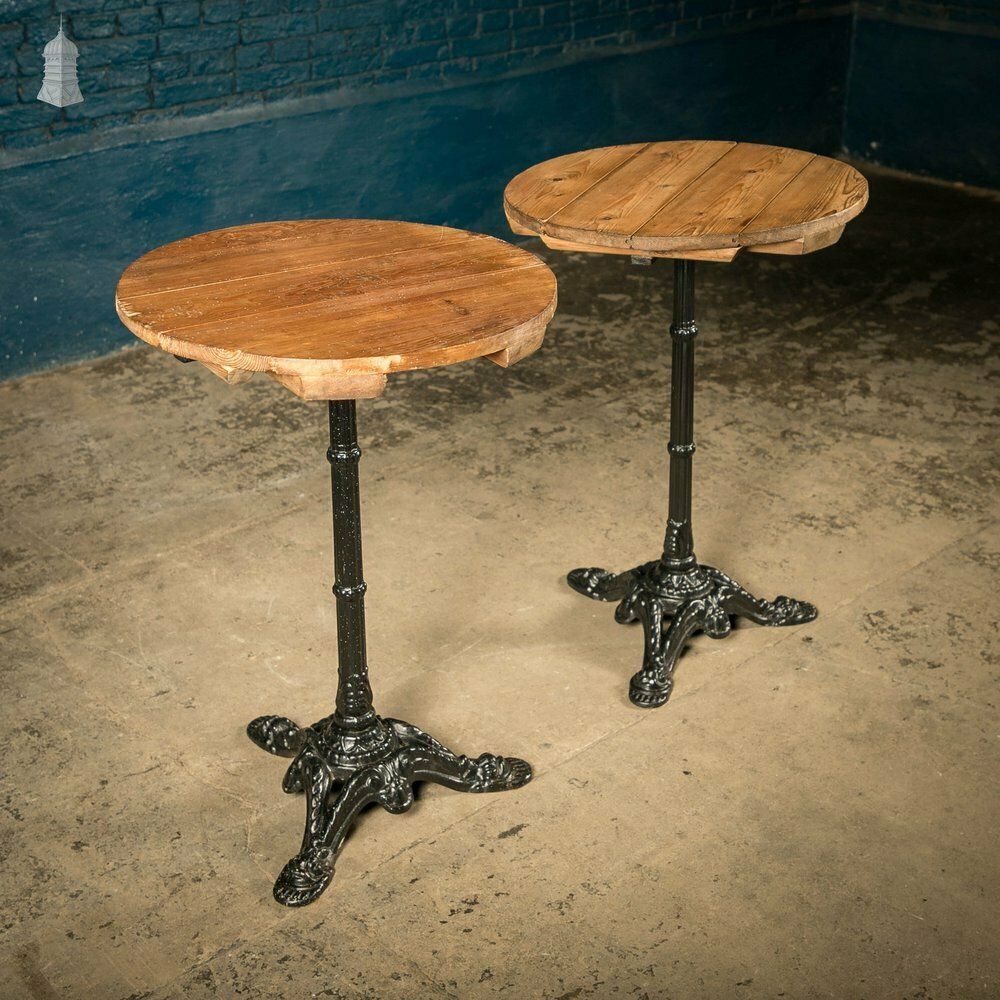 Round Bistro Tables, Reclaimed Pine Tops On Cast Alloy Bases, Pair