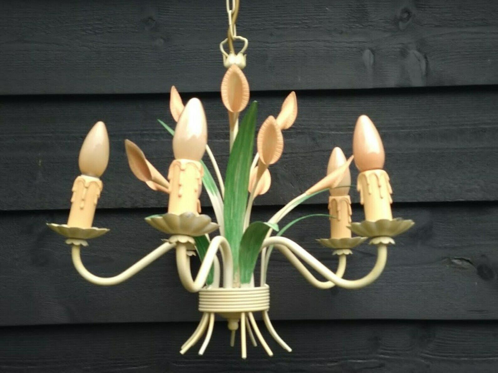 Vintage French Tole Chandelier Cream With Blush Pink Flowers With Pastel Green Leaves Cala Lily 5 Arms, Cottage Core Decor photo furniture