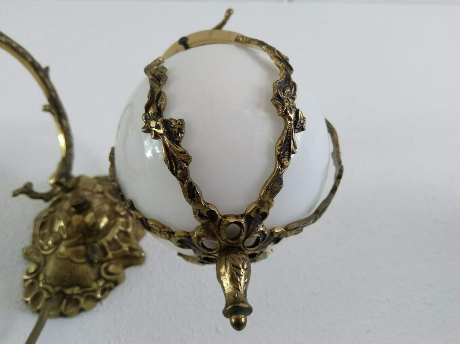 Double Brass Sconce Art Nouveau Style With Milk Glass Globes Lampshades photo for sale