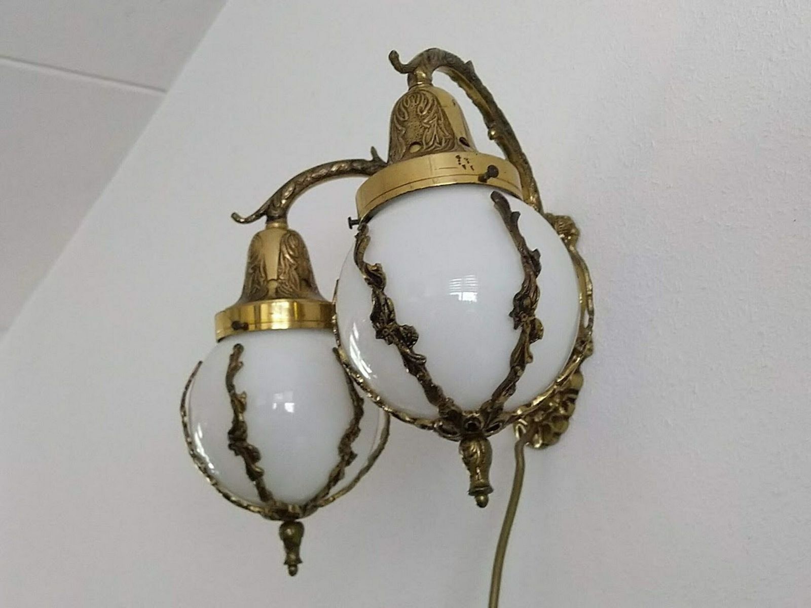 Double Brass Sconce Art Nouveau Style With Milk Glass Globes Lampshades photo buy