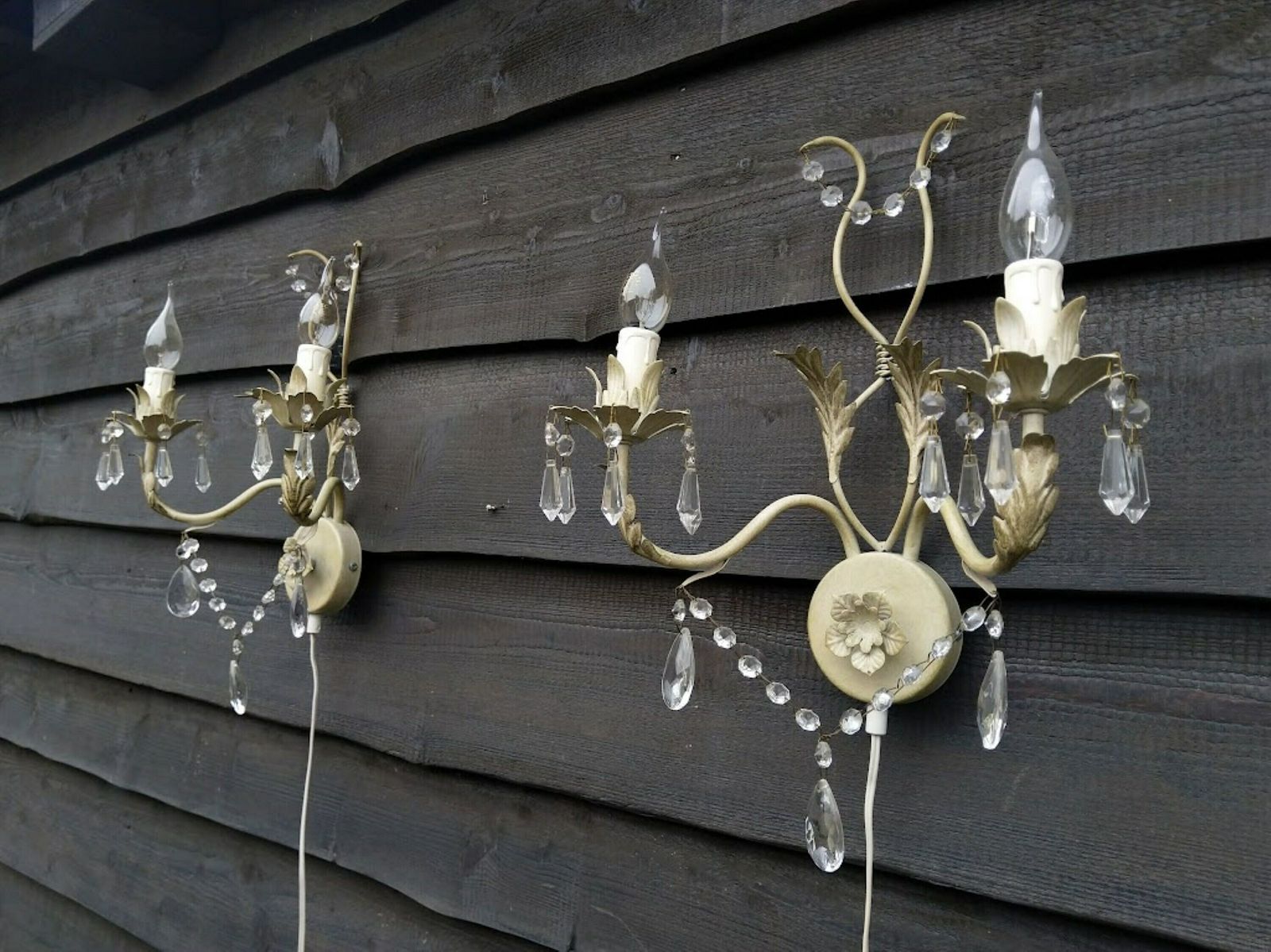 Pair Of Italian Tole White Sconces With Leaves And Crystals, Wall Lamps With Long Cord, Dimmer, Switch And Plug photo for sale