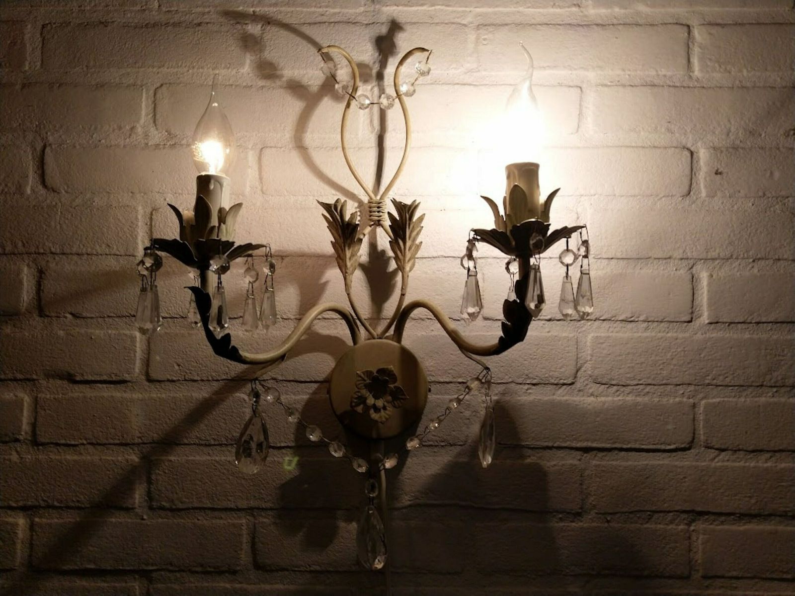 photo furniture Pair Of Italian Tole White Sconces With Leaves And Crystals, Wall Lamps With Long Cord, Dimmer, Switch And Plug