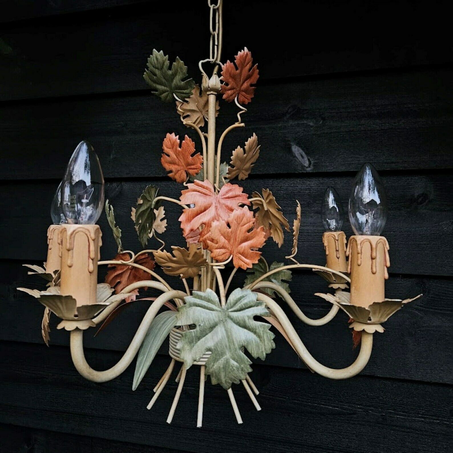 Tole Chandelier Grapevine Leaves In Beige, Orange , Green Tones, 5 Arms, Autumn Decor photo 355.0