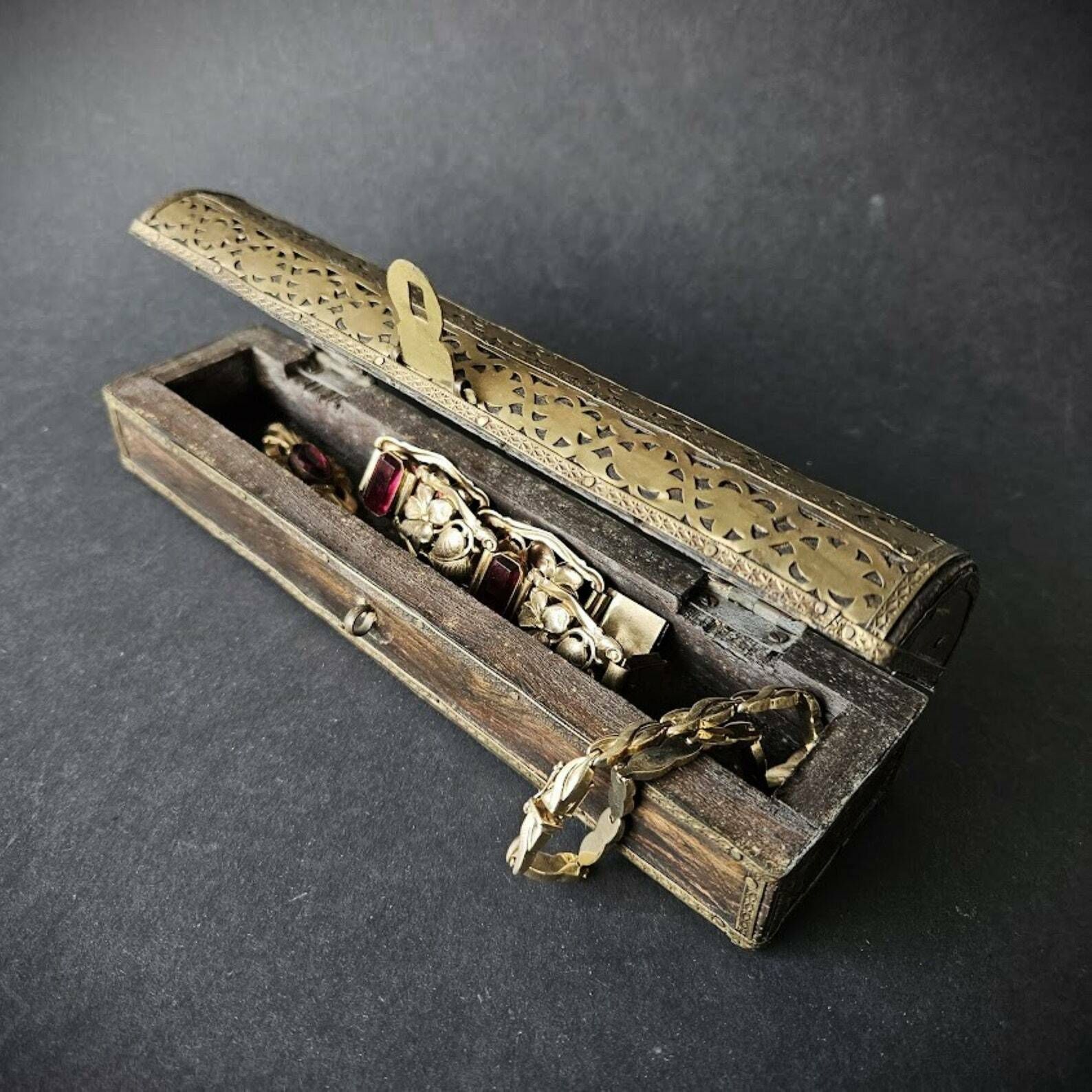 Long Jewelry Gift Box From Brass And Dark Wood, Hobby Box, Desk Box, Treasure Box, Christmas Gift photo vinterior