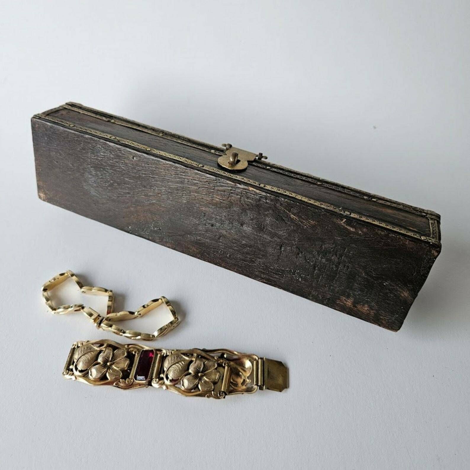 photo furniture Long Jewelry Gift Box From Brass And Dark Wood, Hobby Box, Desk Box, Treasure Box, Christmas Gift
