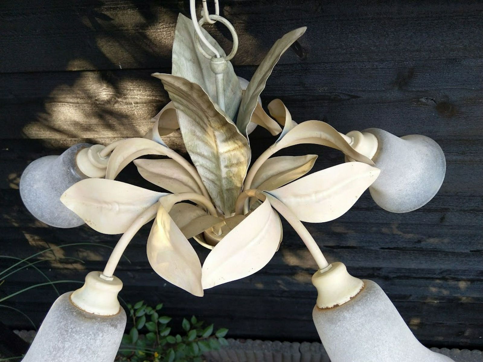 Tole Chandelier Leaves And Frosted Lampshades Cream Green 5 Arms, Toleware Ceiling Light, Toleware Leaves Chandelier photo Lighting