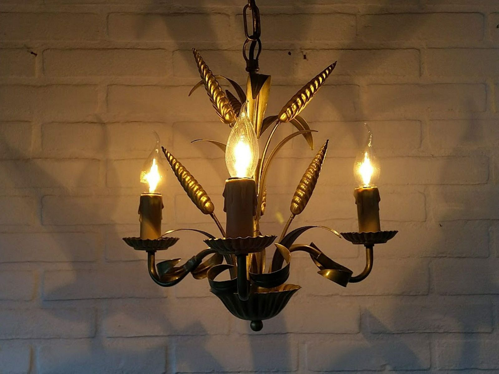 Gold Tole Chandelier With Ears Of Wheat 3 Light Bulbs, Hollywood Regency Tole Chandelier Hans Kögl Design, Mid Century Chandelier photo buy