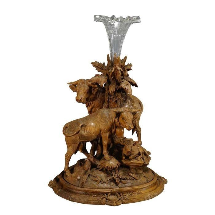 Large Group Of Carved Cattles With Glass Vase Inset, Brienz Ca. 1890 photo furniture