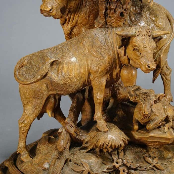 Large Group Of Carved Cattles With Glass Vase Inset, Brienz Ca. 1890 photo for sale