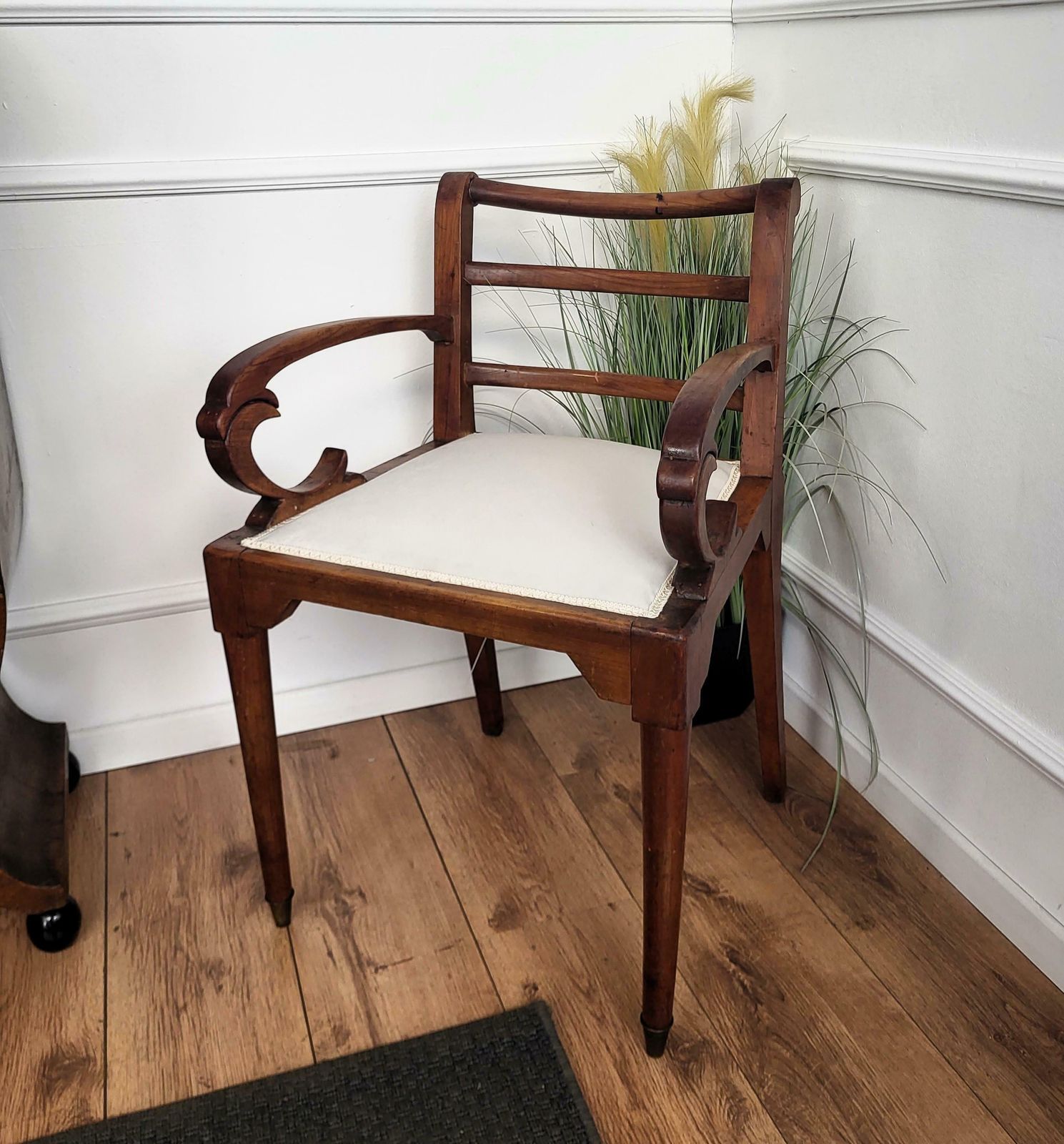 1960s Italian Walnut Wood Newly Upholstered Open Armchair Office Desk Chair photo for sale