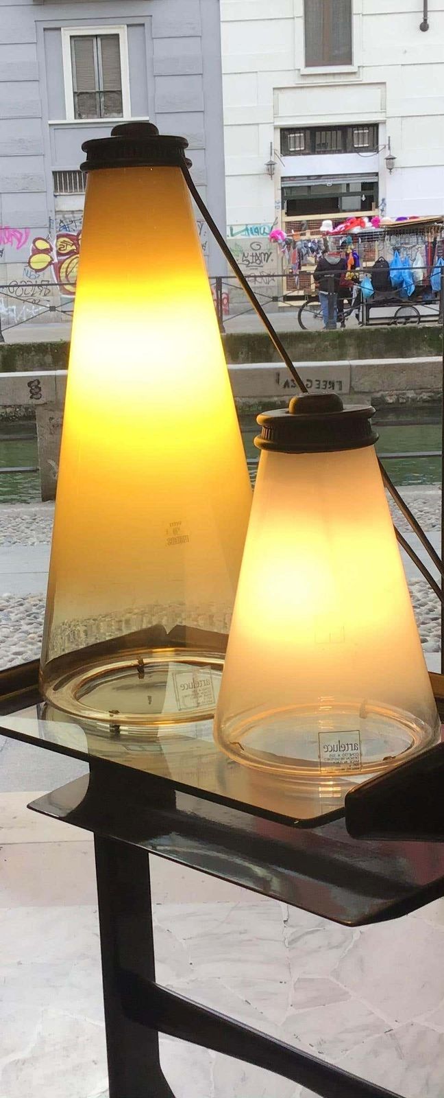 photo vintage Arteluce "Cone And Conetto" Couple Table Lamps Glass 1975 Italy