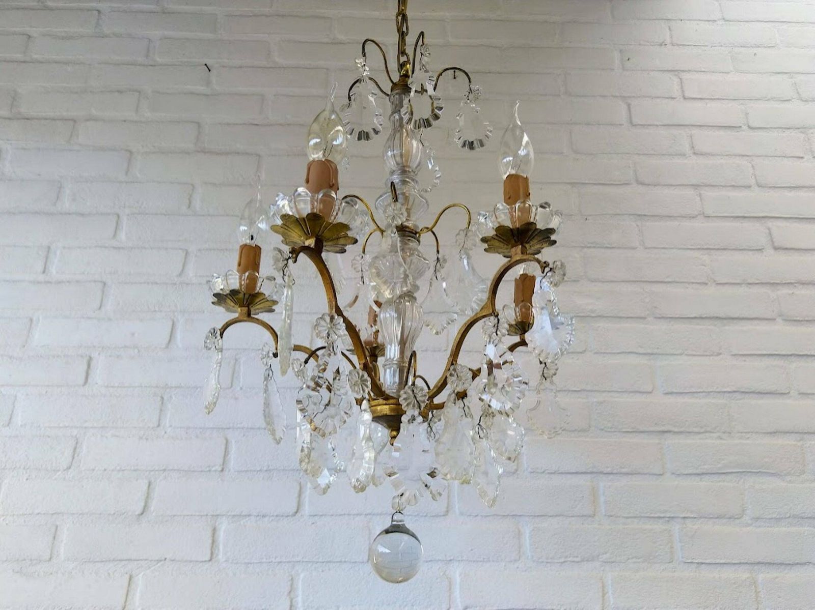 Antique French Girandole Chandelier Brass With Crystals 5 Arms photo for sale