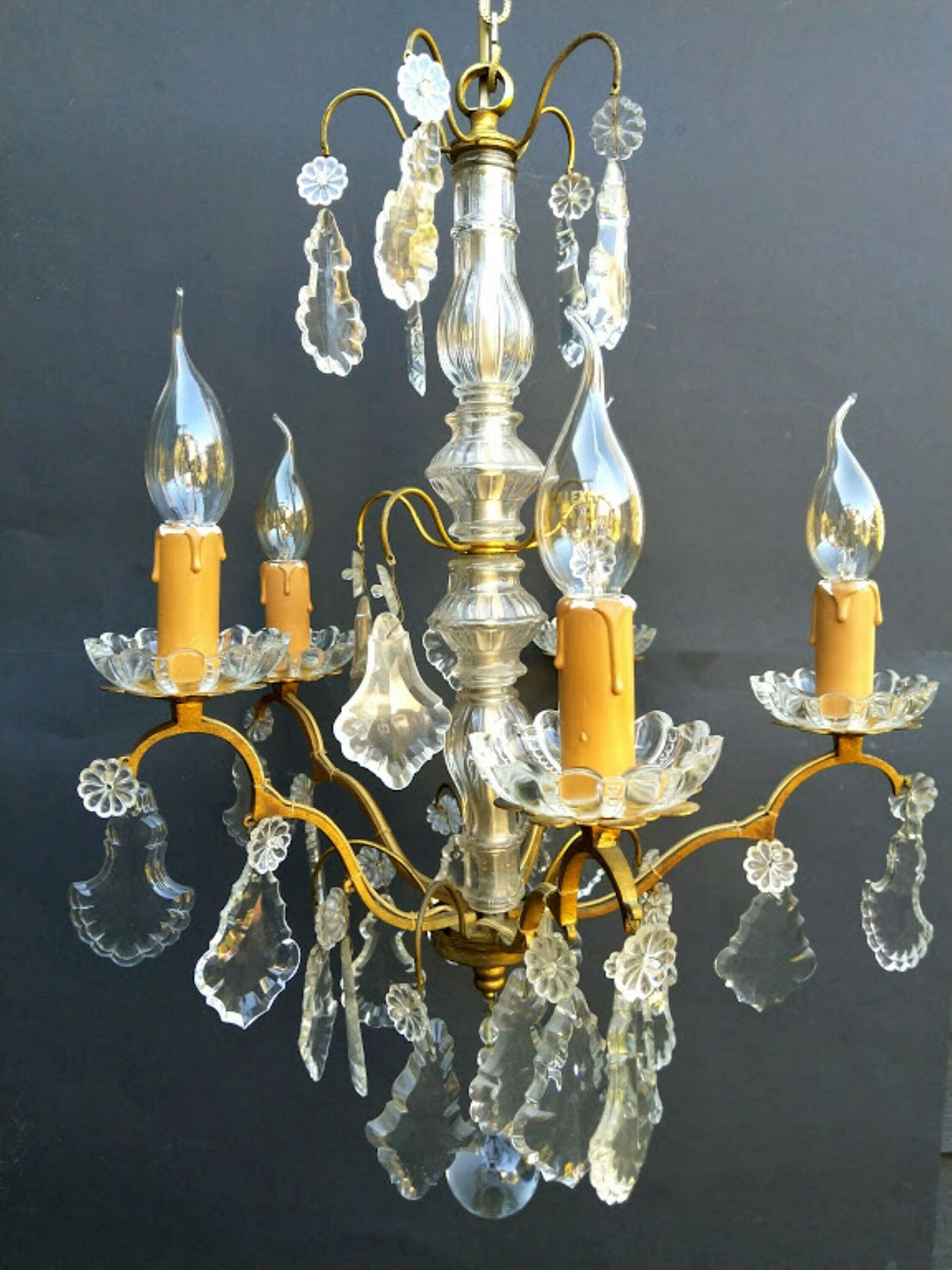 Antique French Girandole Chandelier Brass With Crystals 5 Arms photo vintage