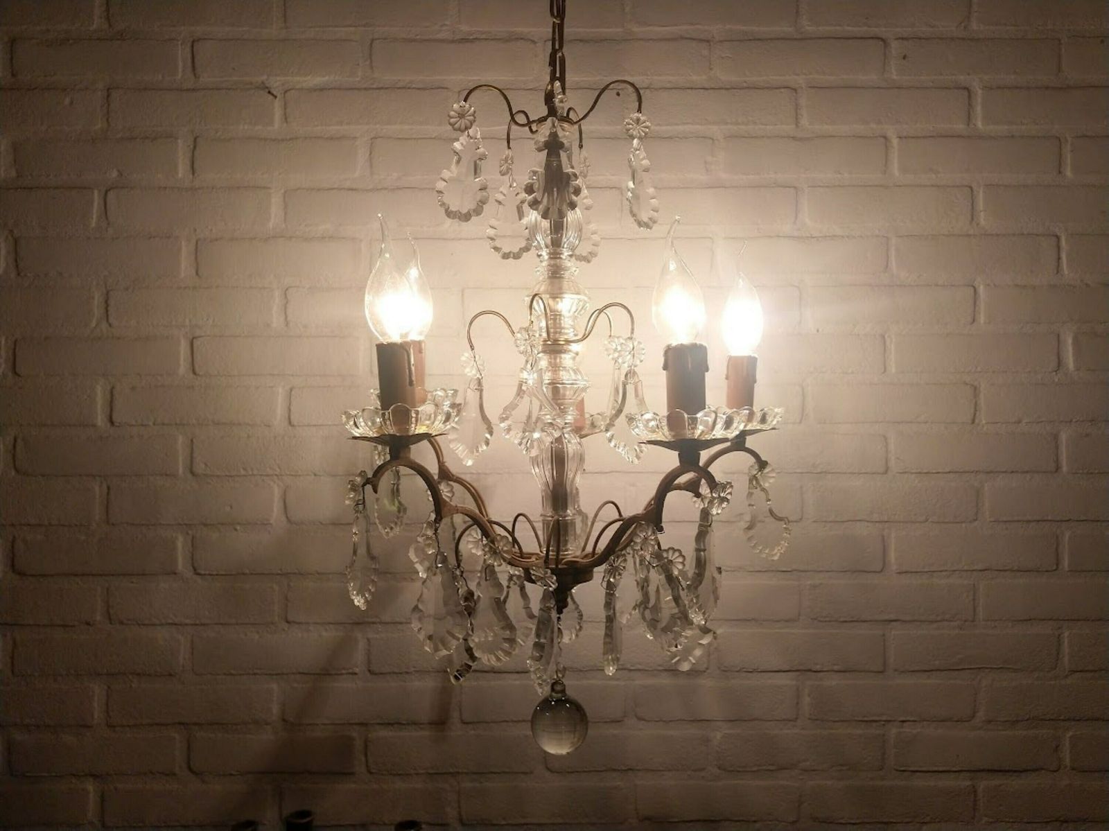 photo furniture Antique French Girandole Chandelier Brass With Crystals 5 Arms