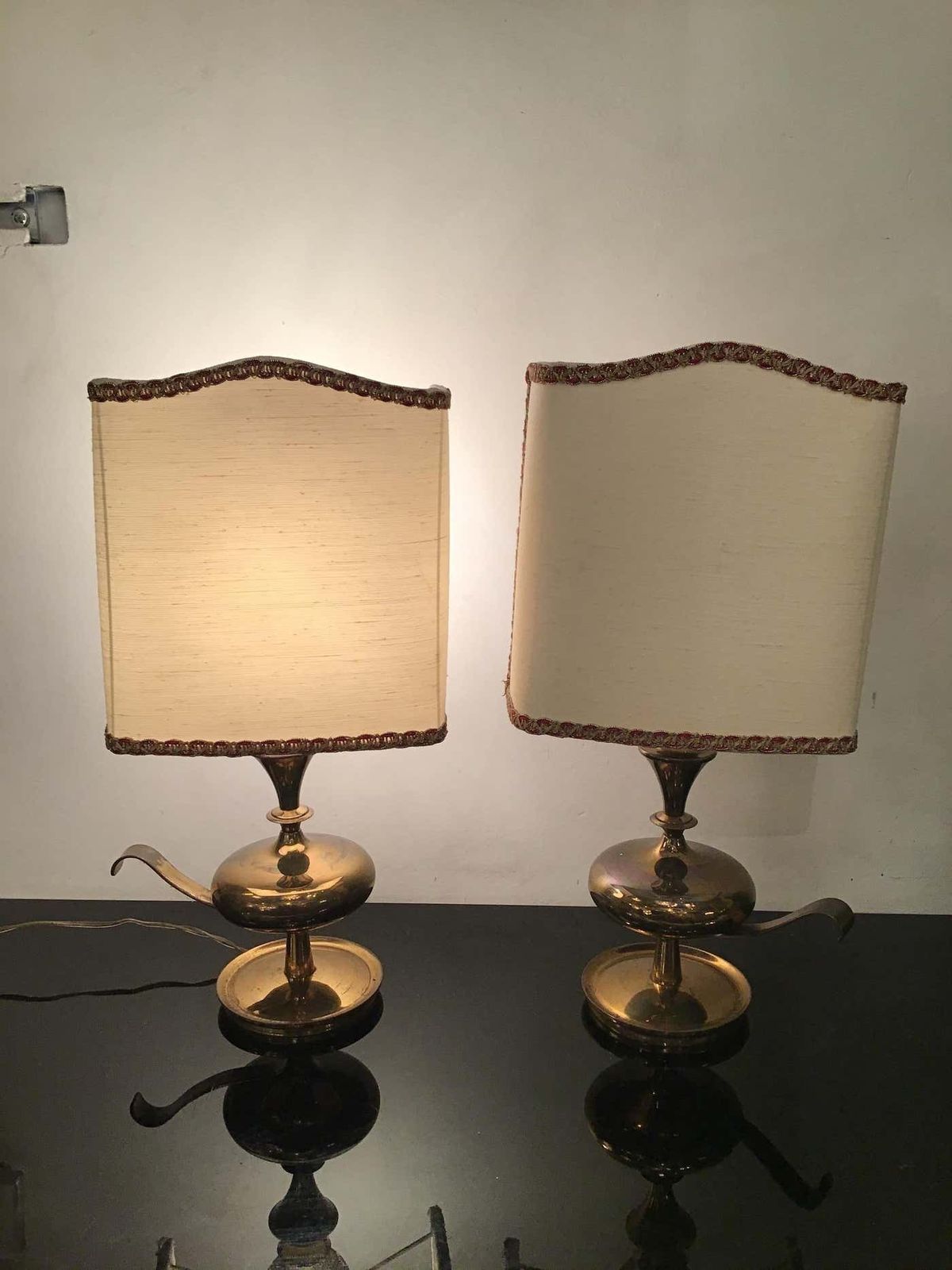 Angelo Leliipair Of Brass Table Lamps Fabric Lampshade 1950s Italy