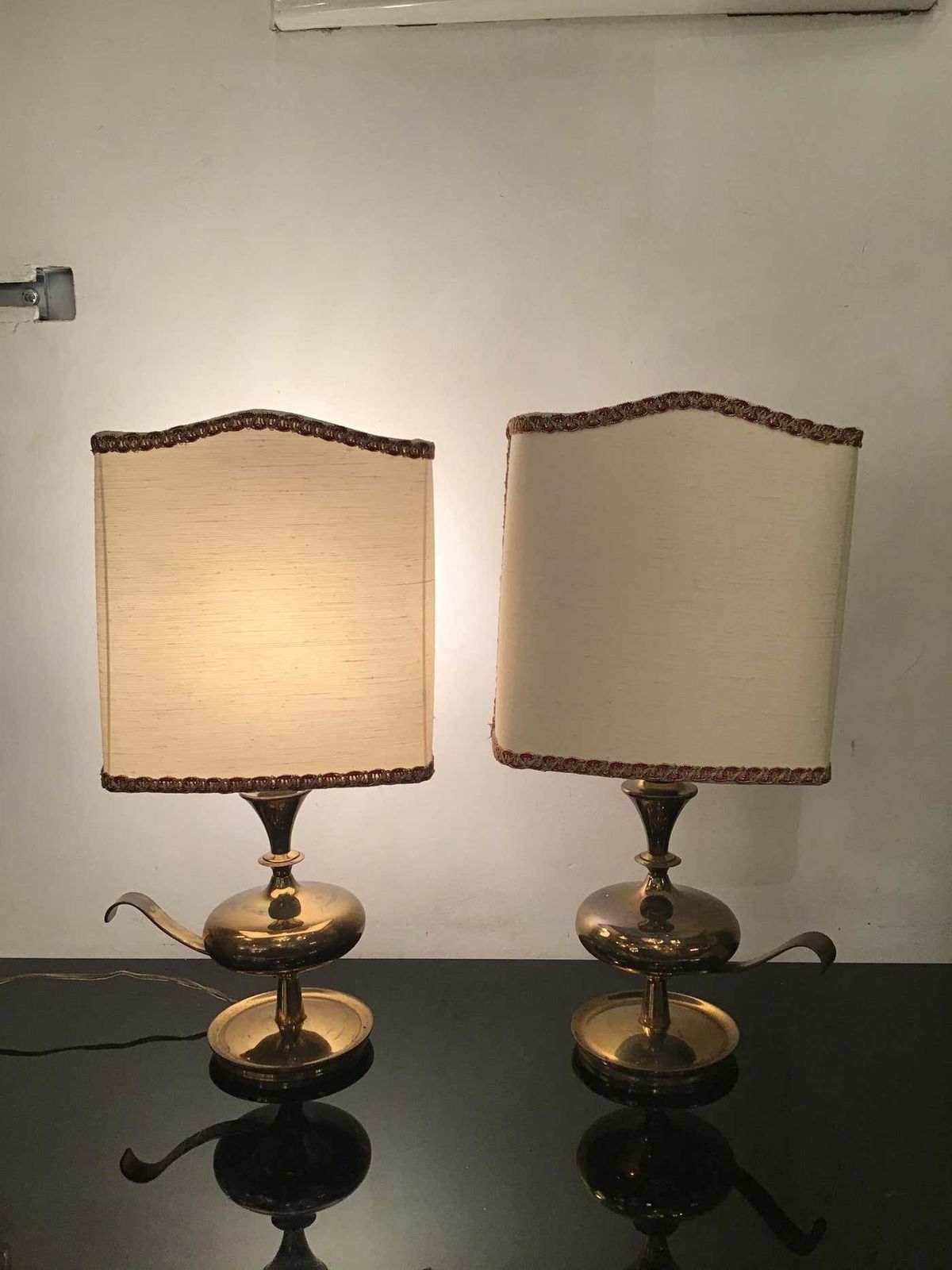 Angelo Leliipair Of Brass Table Lamps Fabric Lampshade 1950s Italy photo for sale