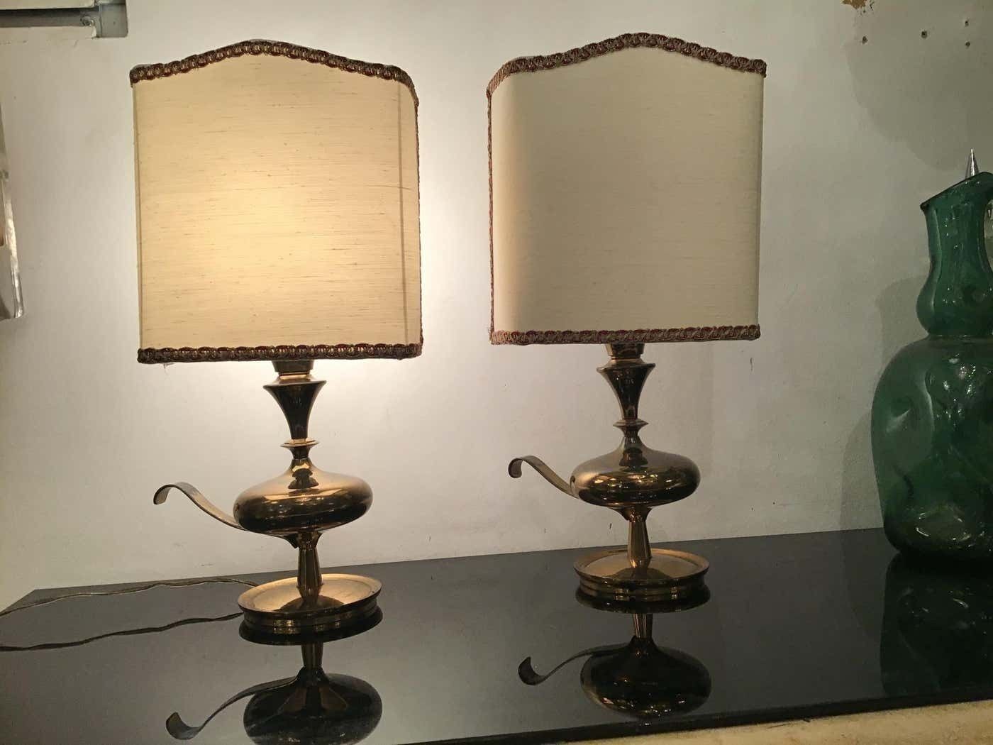 photo furniture Angelo Leliipair Of Brass Table Lamps Fabric Lampshade 1950s Italy