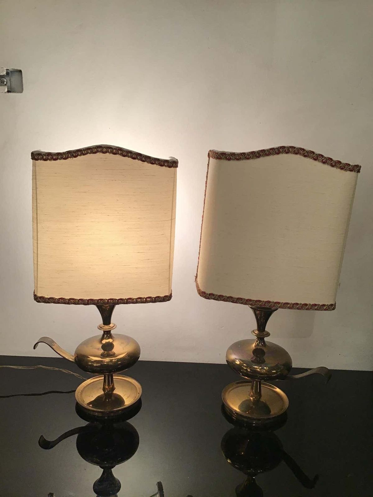 photo buy Angelo Leliipair Of Brass Table Lamps Fabric Lampshade 1950s Italy