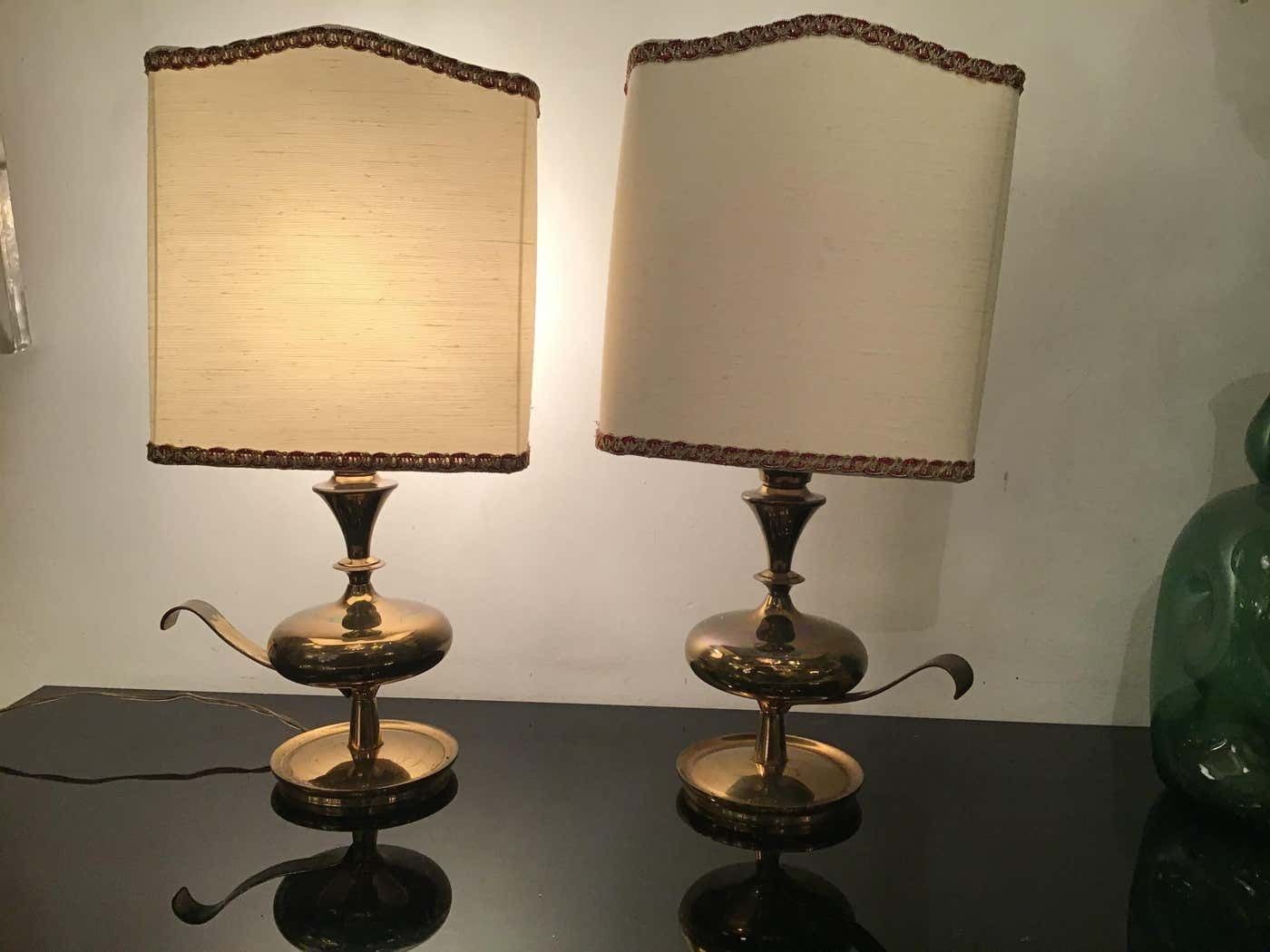 photo vintage Angelo Leliipair Of Brass Table Lamps Fabric Lampshade 1950s Italy