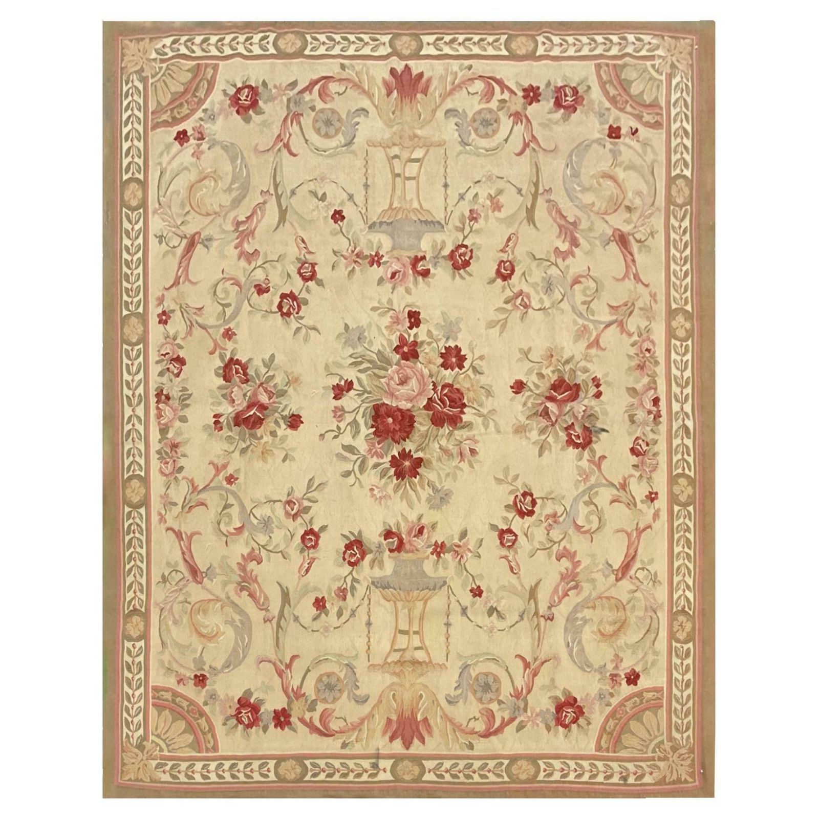 Traditional Aubusson Rug Pink Beige Handwoven Floral Carpet Wool Livingroom Rug