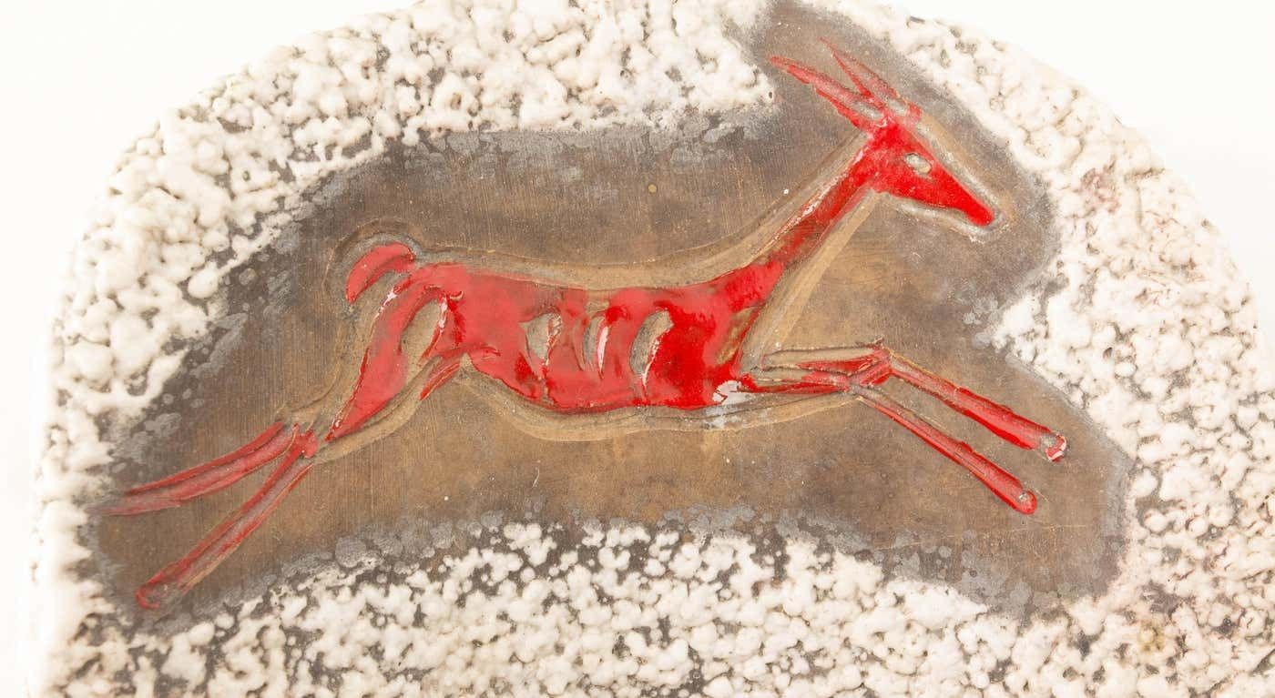 French Dish Rock Inspired Illustration Centerpiece Hunter Deer & Lake, C. 1960 photo vinterior