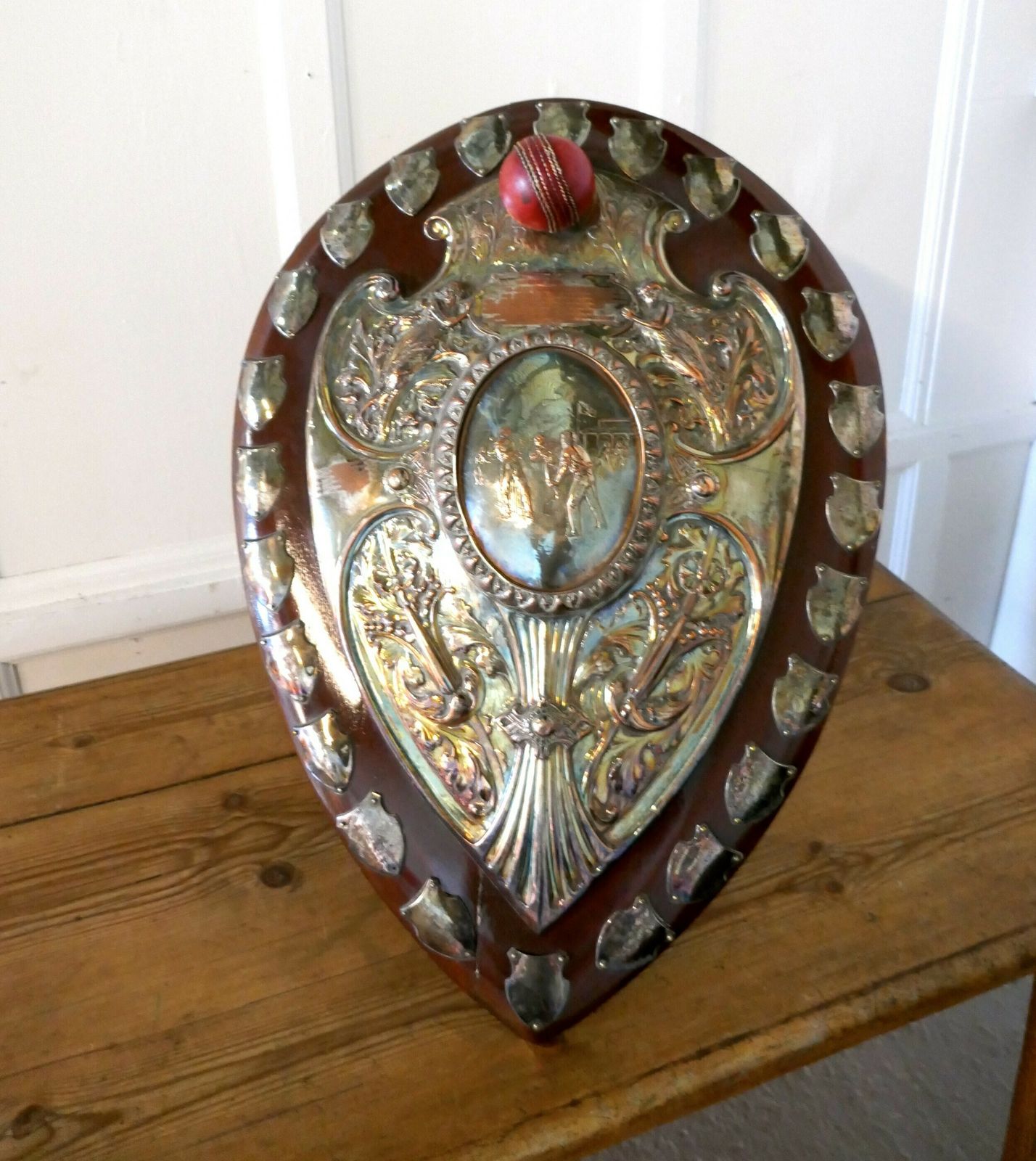 photo for sale 1901 Art Nouveau Sheffield Plate Cricket Trophy Shield, By Walker Hall And Sons