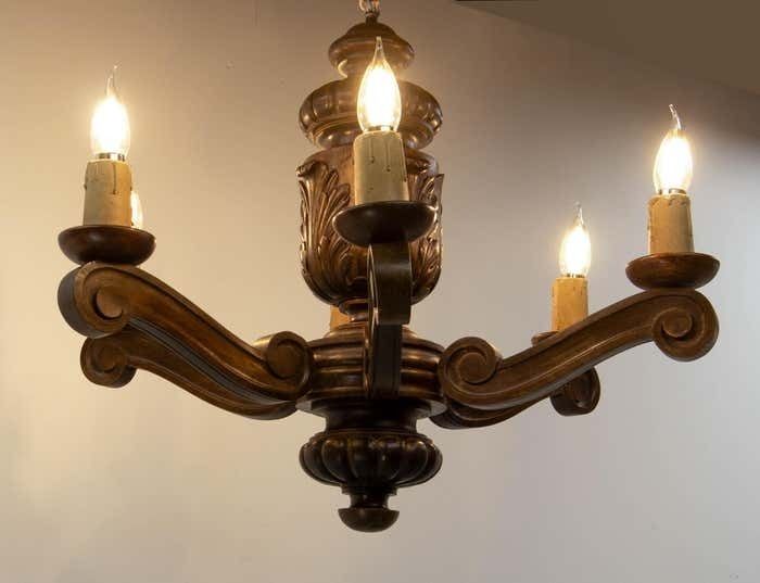 Spanish Renaissance Style Oak Ceiling Lustre Six Lamps, Circa 1960 photo vinterior