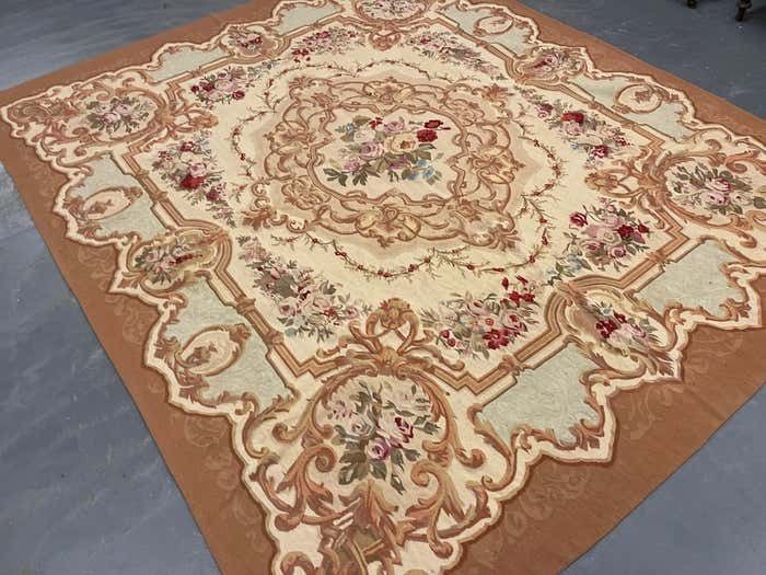 Square Aubusson Rug Brown Blue Handwoven Carpet Floral Livingroom Rug Home Decor photo furniture