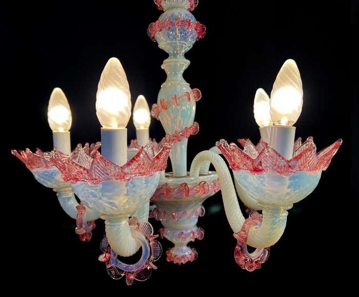 Stunning Trio Light Blue And Pink Venetian Chandeliers, Murano, 1950s photo 11791.0