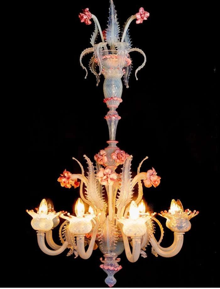 11791.0 Stunning Trio Light Blue And Pink Venetian Chandeliers, Murano, 1950s photo