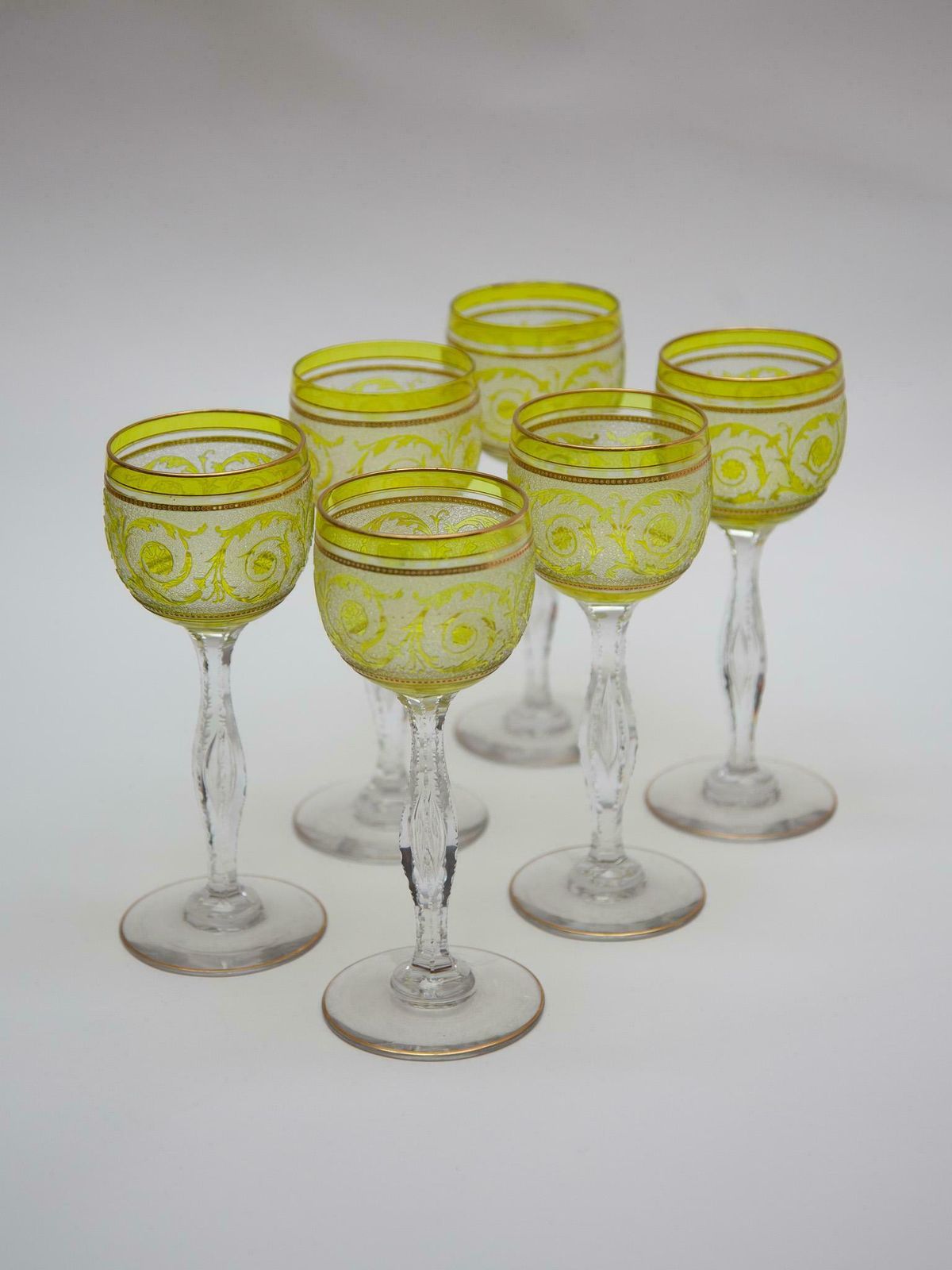 Set Of Six Saint Louis, Thistle Engraving Green Wine Glasses, 1910, France photo vintage