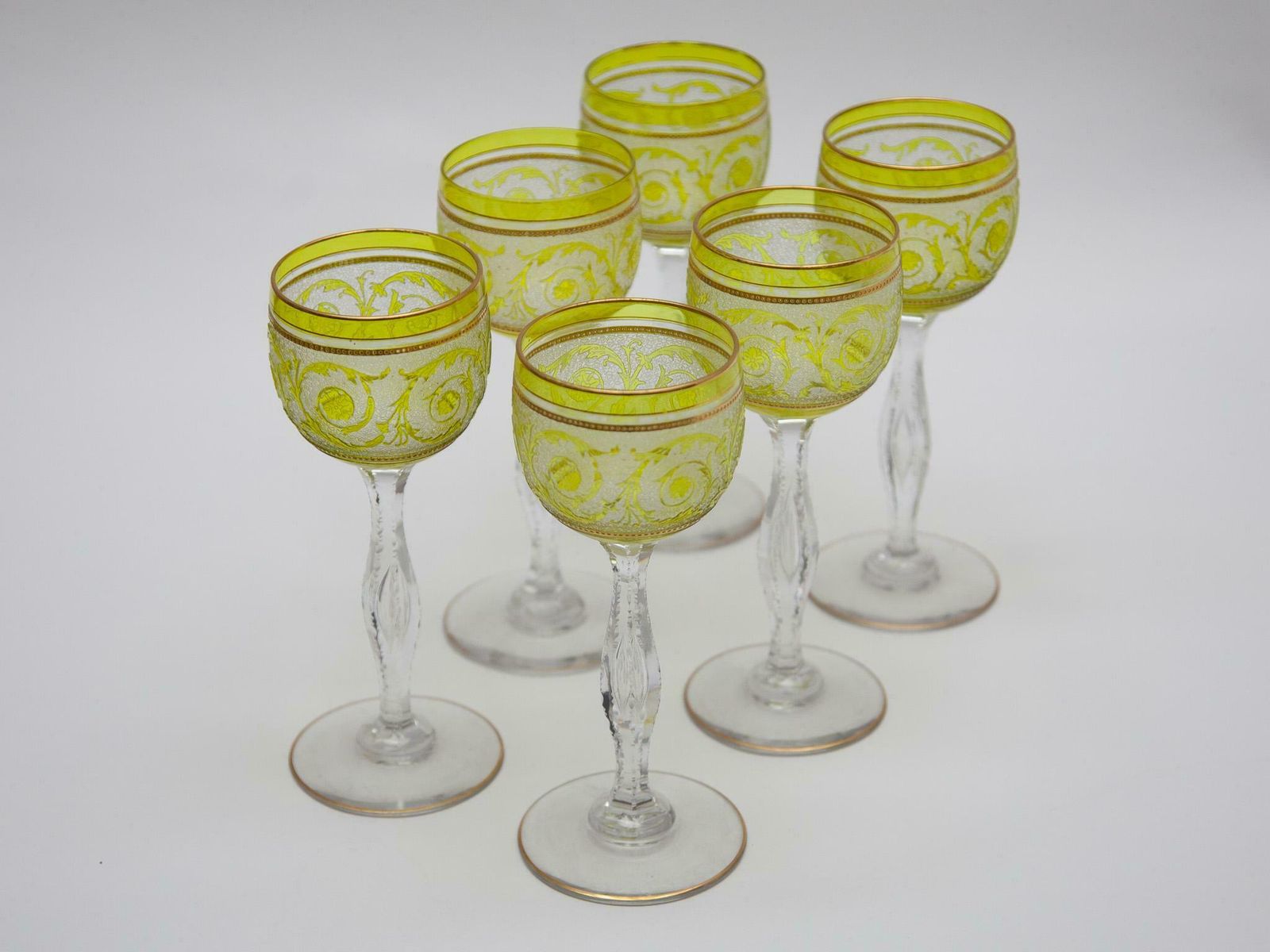 photo furniture Set Of Six Saint Louis, Thistle Engraving Green Wine Glasses, 1910, France