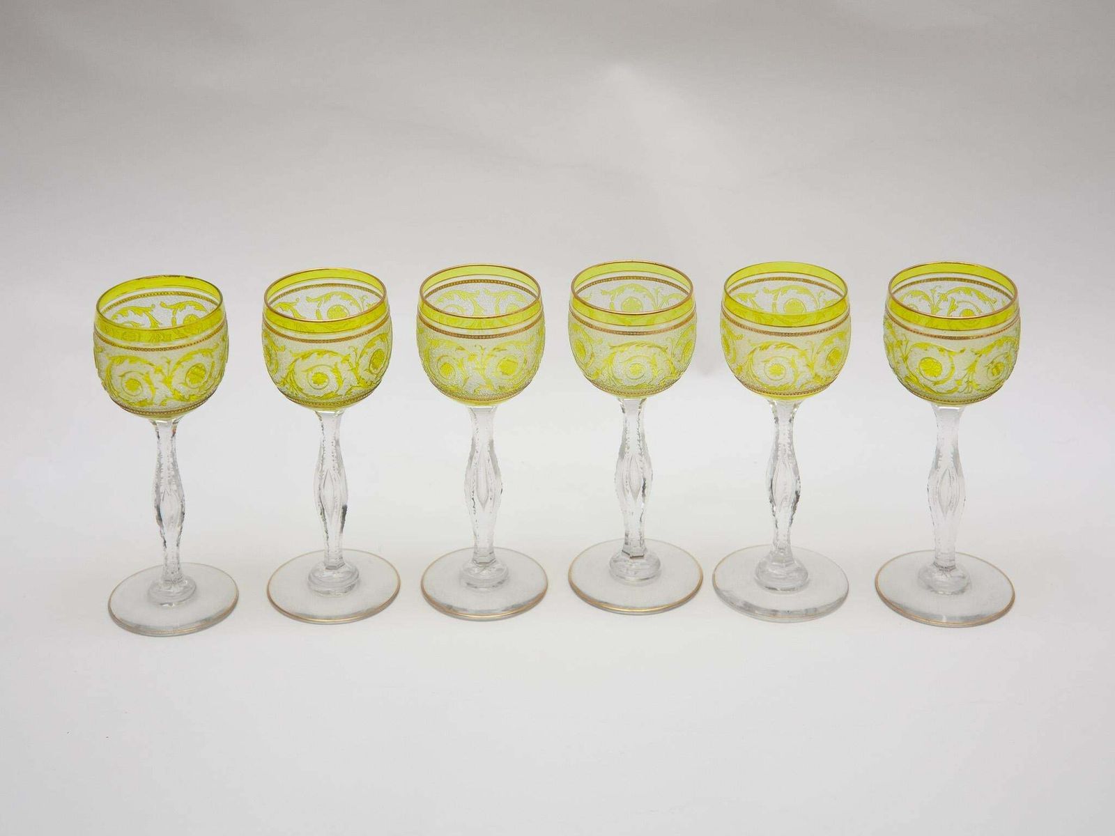 photo for sale Set Of Six Saint Louis, Thistle Engraving Green Wine Glasses, 1910, France