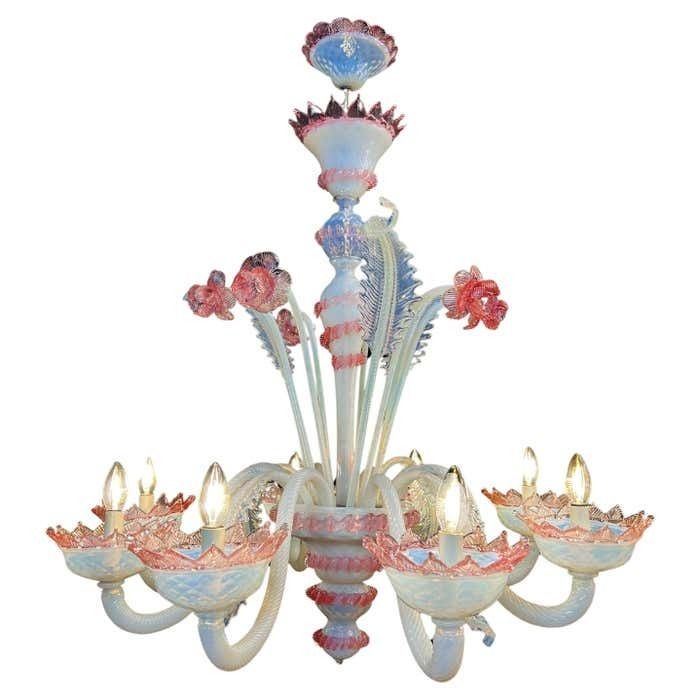 Majestic Light Blue And Pink Venetian Chandelier, Murano, 1950s