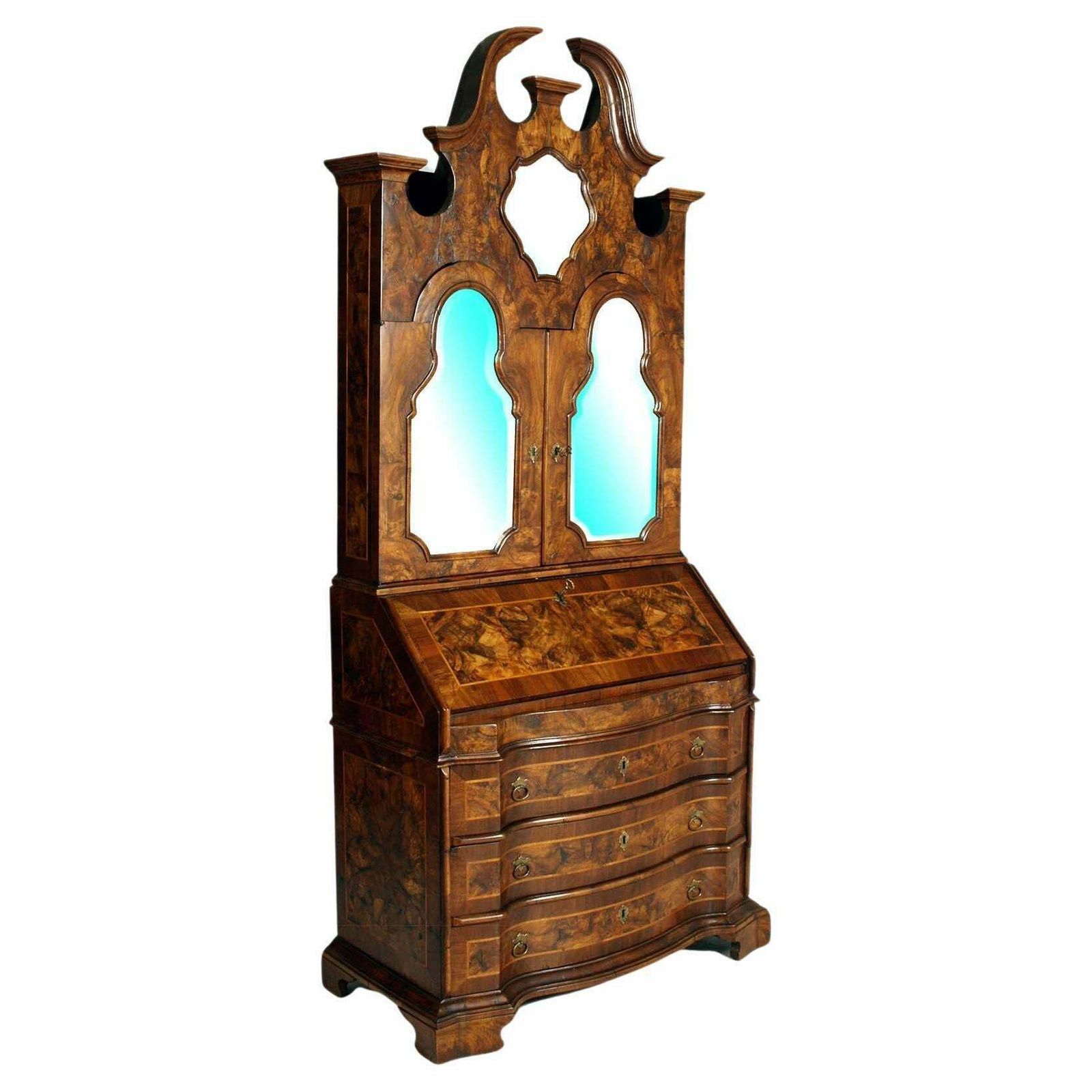 Original 18th Century Venetian Secretary Desk Bookcase Burled Walnut With Inlaid