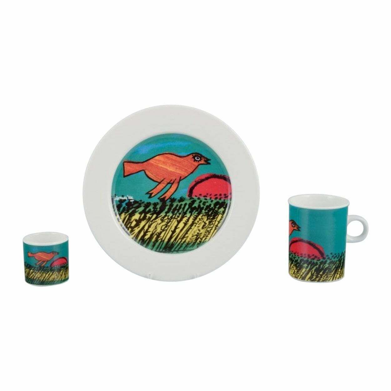 Corneille, Dutch Cobra Artist. Coffee Cup, Plate And Egg Cup In Porcelain.