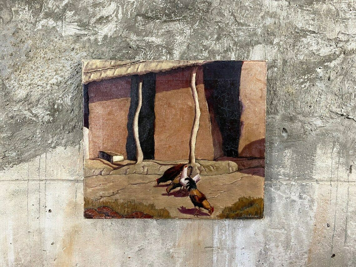 195.0 Antique Alexander C. Dalzell Original Oil On Canvas Chickens photo