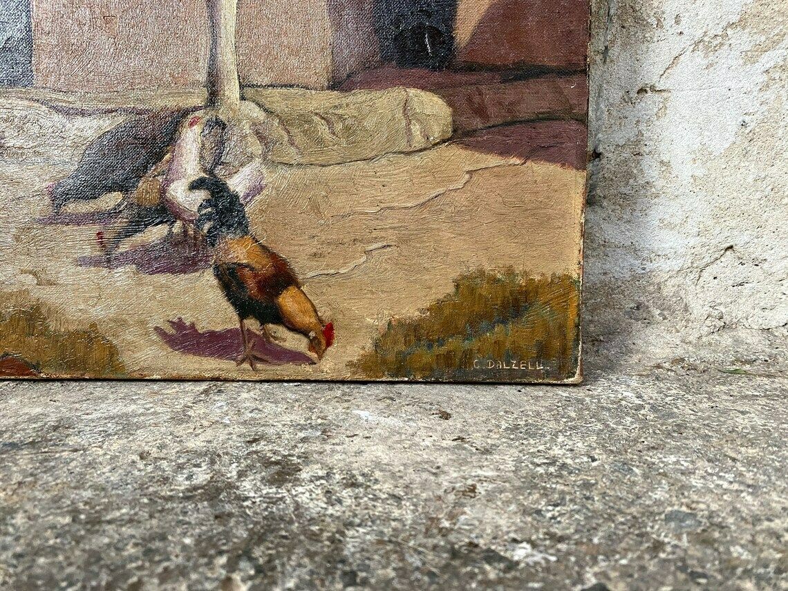 photo vintage Antique Alexander C. Dalzell Original Oil On Canvas Chickens